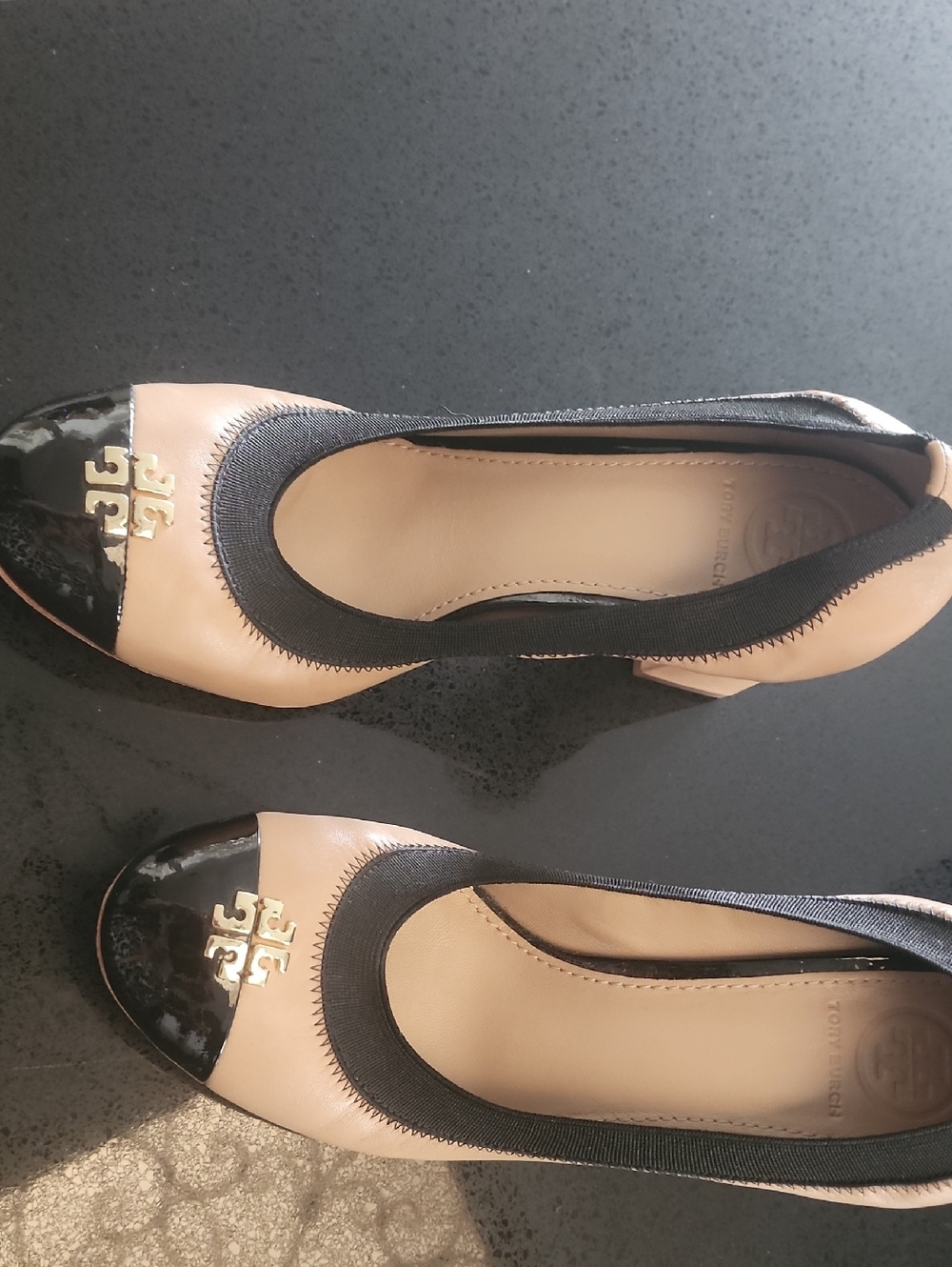Tory Burch Nude and Black Logo Jolie Cap-Toe Pumps Size 7